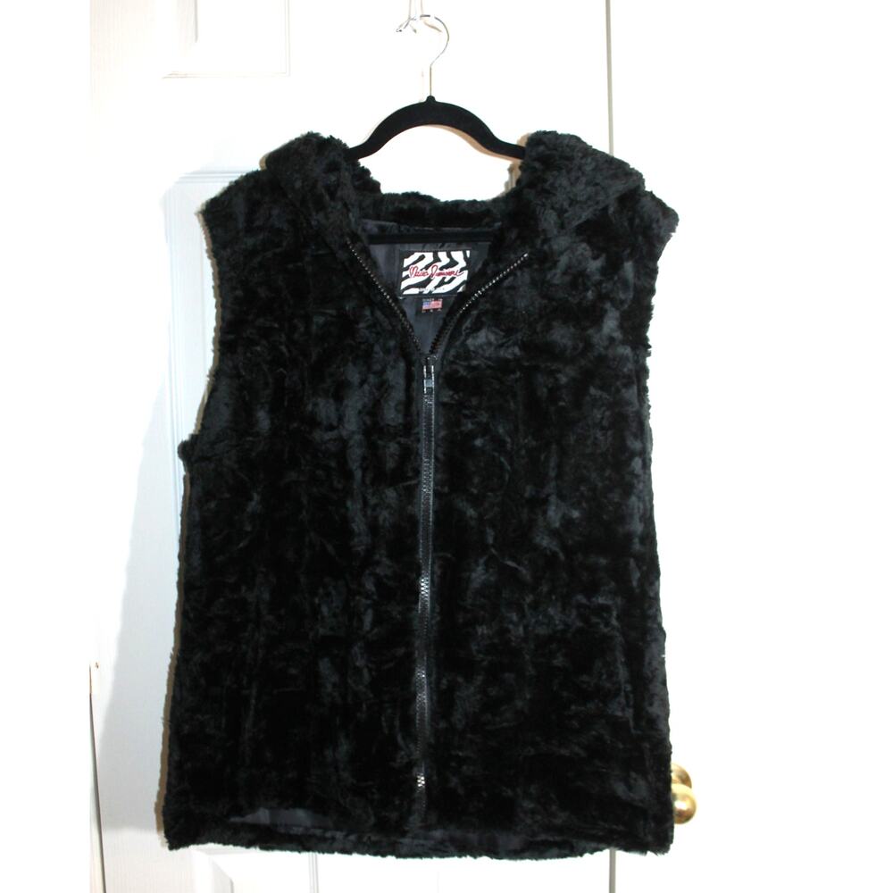 Maria Dionisiou Vintage Black Faux Fur Teddy Hooded Zip Vest sz L